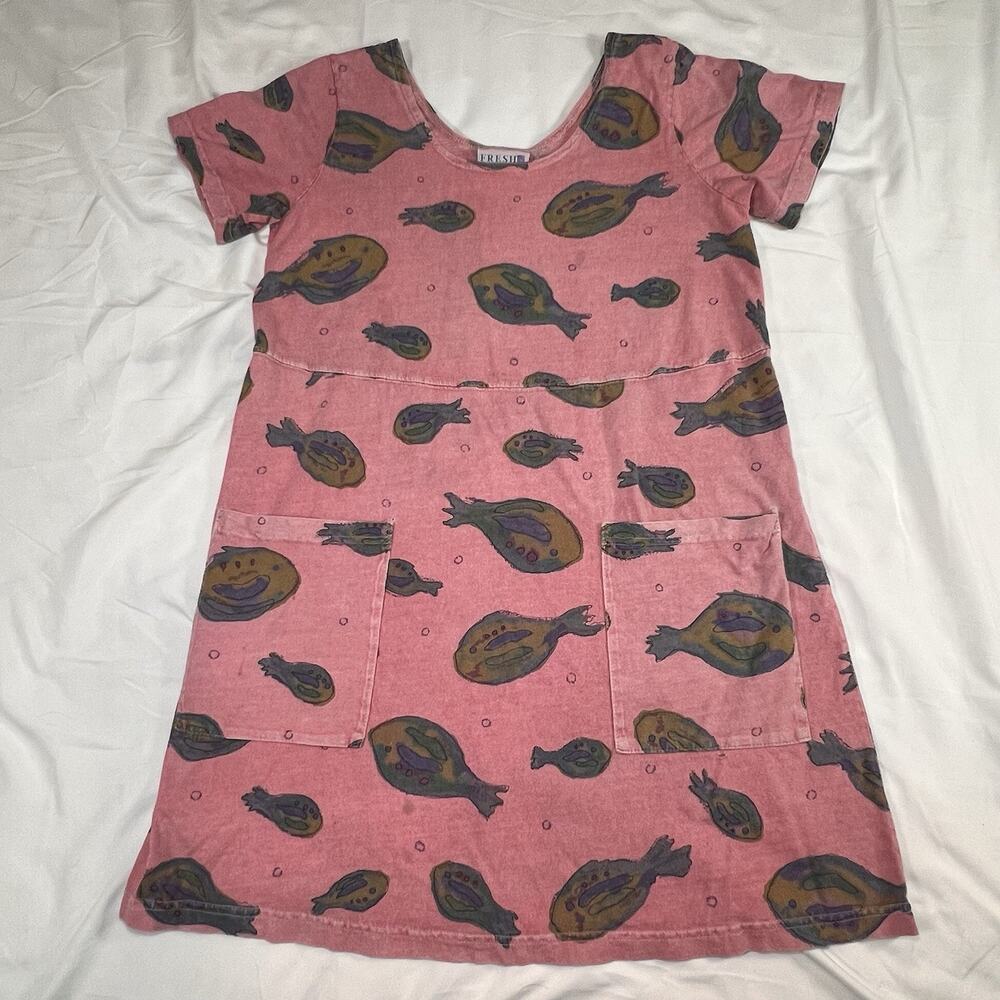 Fresh Produce Babydoll Dress Adult M Pink Tropical Fish Mini Tunic VTG 90s USA